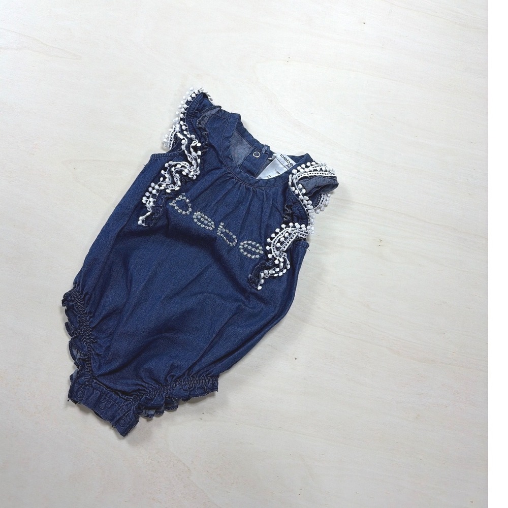 Bebe‎ Baby Denim Bubble Romper Dark Wash Rhinestone Logo Pom Pom Trim 0-3M